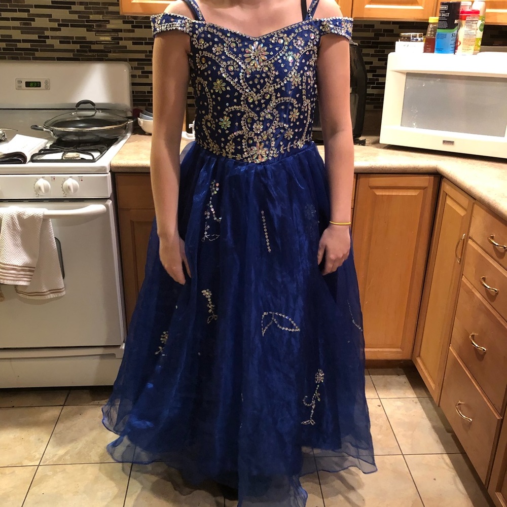 Blue Beaded Ballgown Prom Dress Off Shoulder